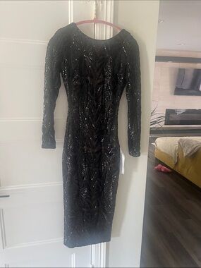 Dress the Population Black Long-Sleeve Sequin Bodycon Midi Dress